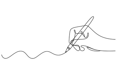 Obraz premium Continuous single line drawing of a hand holding a pen writing or drawing a wavy line Vector, illustration