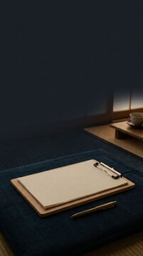 Wooden clipboard with blank paper and brass pen on navy zabuton cushion in tatami room vertical