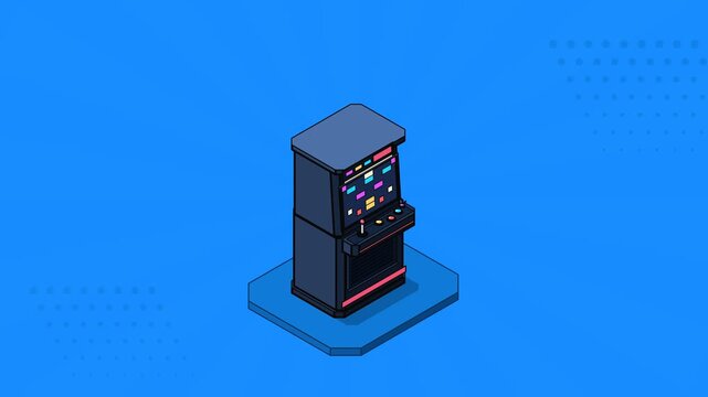 Bold 2D isometric comic-book animation of a premium retro arcade cabinet with physically motivated button press, screen activation, pixel burst, joystick reaction and explosive pop-art energy payoff.