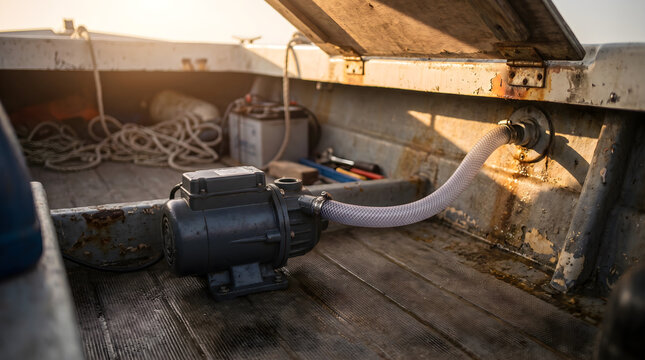 An electric bilge pump installed inside a small fishing boat to remove water with a flexible drainage hose