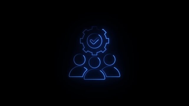 Neon blue teamwork and process optimization icon animation, business management concept, digital gear and user group symbol for corporate strategy and workflow efficiency