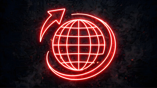 Glowing Neon Red Globe with Arrow and Circular Orbit on Dark Textured Background  