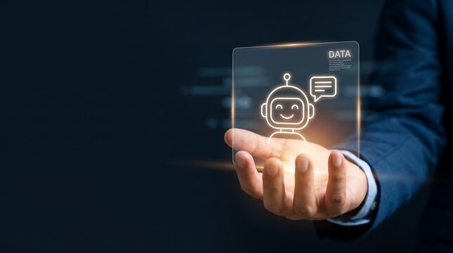Businessman holding a digital screen with a chatbot icon.