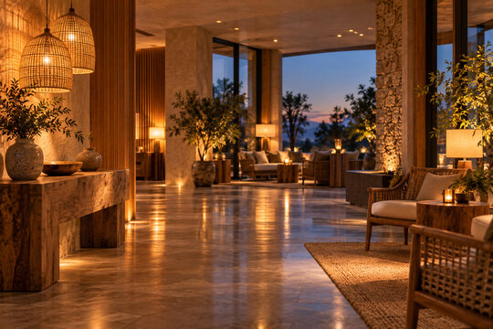 Hotel lobby with handcrafted natural materials in warm evening light