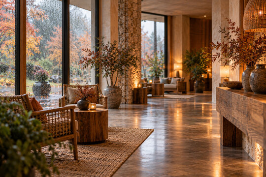 Seasonal view of hotel lobby with handcrafted natural materials
