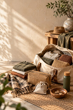 Vertical view of travel packing scene with practical fabric