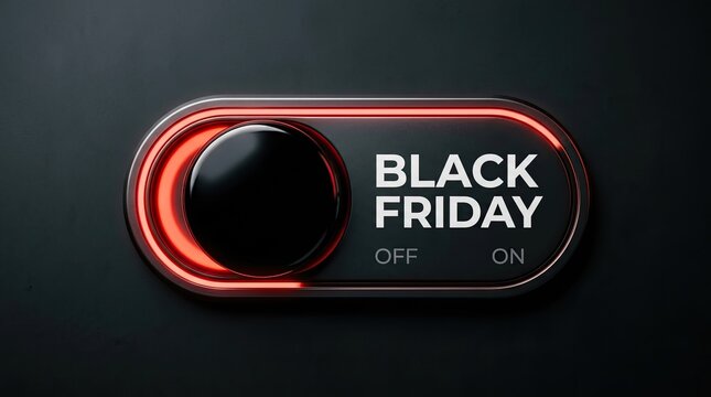 Digital control interface switch with black friday text activation button on dark background control panel shopping event sale season red glow