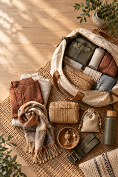 Overhead view of travel packing scene with practical fabric