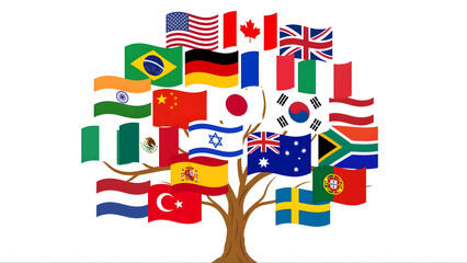 Obraz premium World Tree of National Flags in Vibrant Colors on White Background 