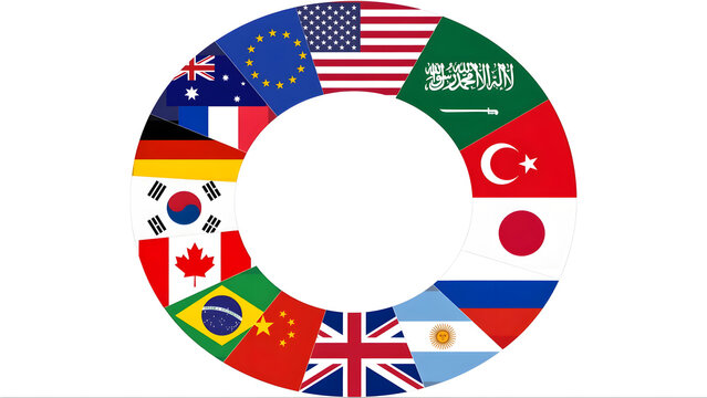 Circular Collage of International Flags Forming a Ring with Central Blank Space for Design or Text Placement  