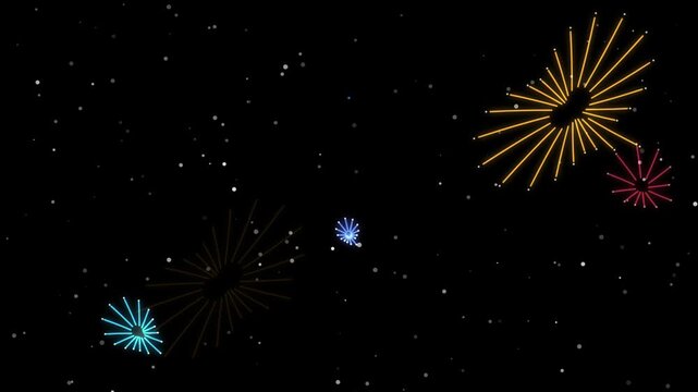 Colorful fireworks animation bursting against black night sky, festive celebration video background, glowing pyrotechnics motion graphic