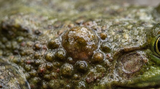 Extreme macro of wet warty olive green frog skin texture amphibious background