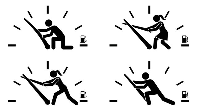 Stick figure characters pushing fuel gauge needle toward full level in four distinct stages gas meter pushing needle automotive energy level indicator tank meter pictogram