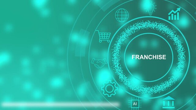Glowing Teal Franchise Business Concept with Circular Icons and Digital Network Background idea growth