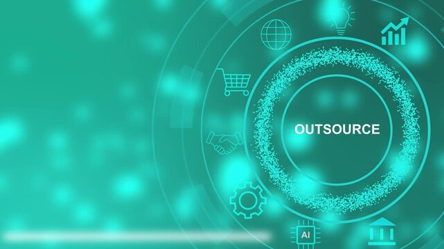 Digital concept of outsourcing with glowing icons and text on a teal background business technology