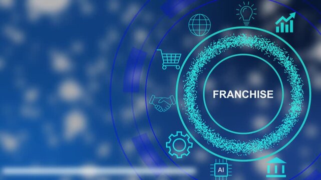 Franchise Business Concept on Futuristic Digital Interface with Neon Icons and Blue Glow technology