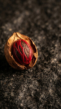 Whole Nutmeg in Open Shell with Mace on Dark Granite Copy Space Right