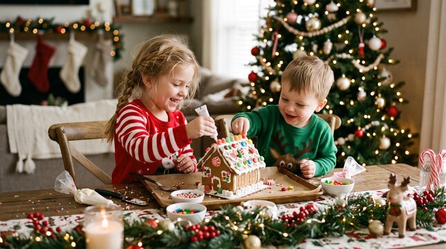 Joyful siblings decorating a gingerbread house with colorful candies and icing near a festive Christmas tree