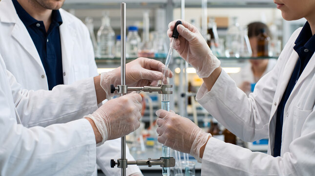 Scientists working together on chemical experiment in laboratory using burettes and glassware.