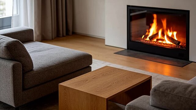Modern living room with grey sofa coffee table and burning fireplace