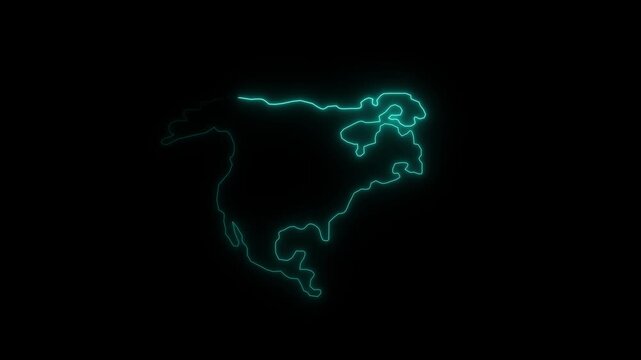 Neon glowing outline map of North America continent isolated on black background for digital geography education presentation dynamic glowing futuristic vector animation graphic.