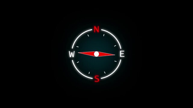 Digital compass spins and settles pointing direction north, south, east and west on black background, navigation concept motion.