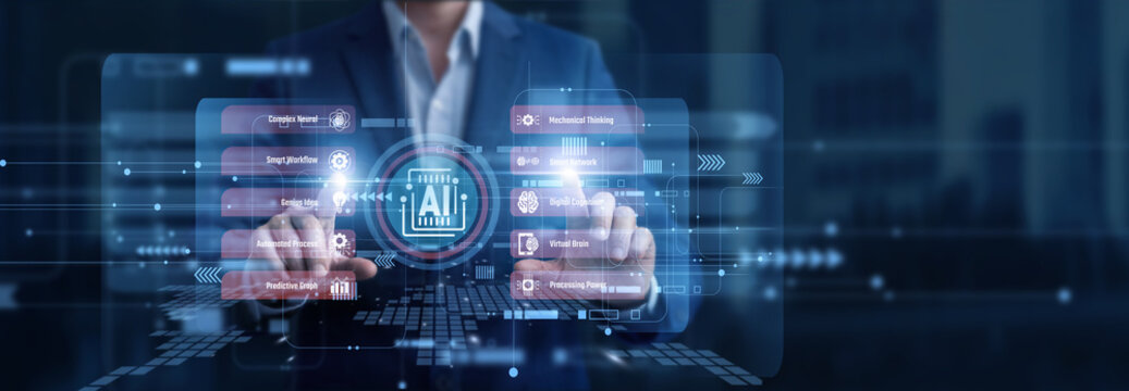 Senior data scientist using futuristic Artificial Intelligence dashboard displaying neural network graphs, deep learning epochs, and predictive model accuracy. Advancing smart automation.