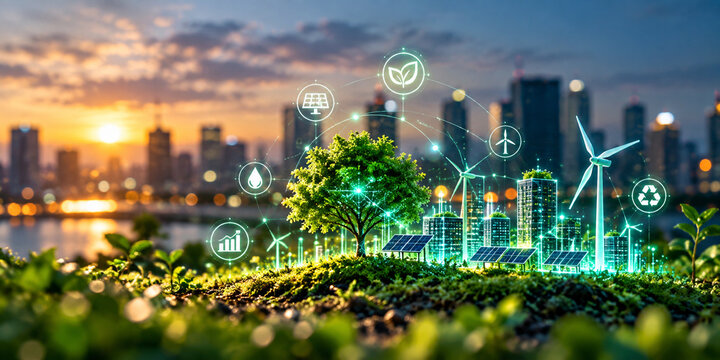 AI generated green energy technology wind turbines digital industry tree renewable power natural landscape representing sustainability clean energy future development