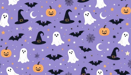 Obraz premium Classic Halloween Seamless Pattern with Pumpkins Ghosts Bats and Witch Hats Vector