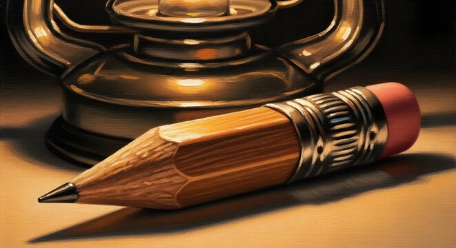 Cinematic close-up of a wooden drawing pencil with an eraser resting on a surface next to a vintage metallic industrial object