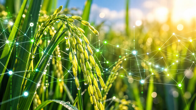 AI generated rice plants digital network connections representing smart farming precision agriculture crop monitoring data technology sustainable food production
