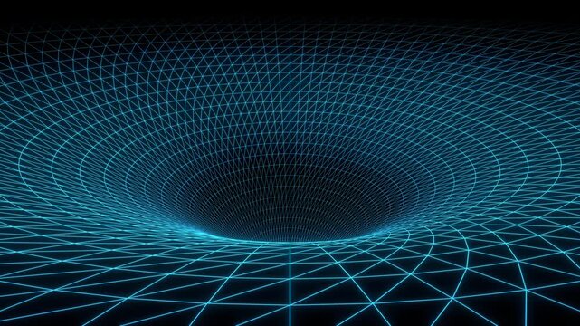 Rotating spacetime curvature grid forms a gravity well, 3D animation loop that can represent general relativity, black holes and gravitational fields