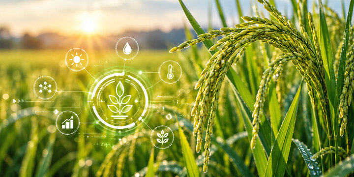 AI generated rice field digital crop monitoring interface showing water temperature farming data for smart agriculture precision cultivation sustainable production agritech