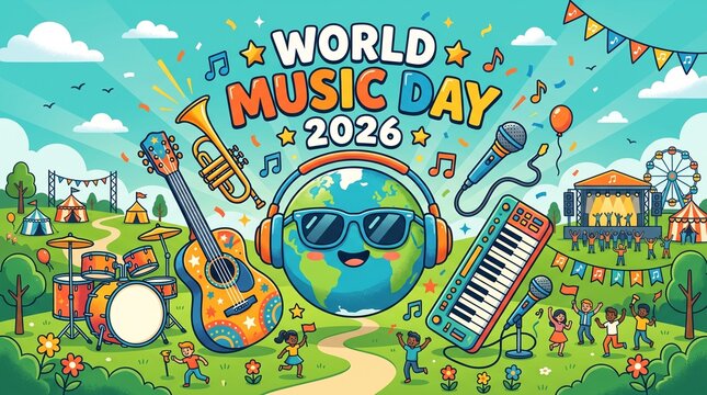 Festive scene celebrating World Music.
