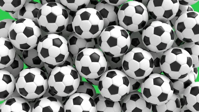 Falling soccer balls fill and clear a green screen, 3D animation loop for sports broadcasts, transitions and tournament promotions