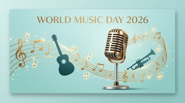 Golden microphone with musical notes illustration.
