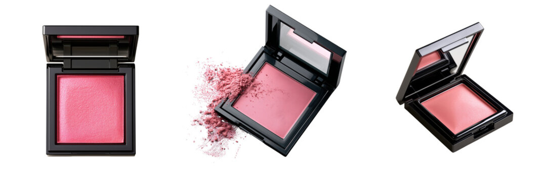 Set of Open square black compact blush showing bright pink pressed powder and a clear built in mirror on transparent png background. Ai generated