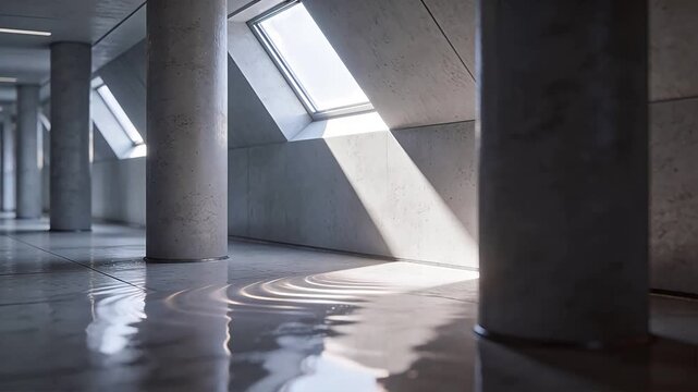 Modern architecture interior with concrete columns and skylights casting shadows on floor