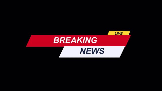 Breaking News Red Ribbon with Yellow Live Tab Horizontal Expand Wipe Unfold Broadcast Television Journalism Screen Overlay Animation 10 Seconds Seamless Loop in 4K UHD Alpha Transparent Background