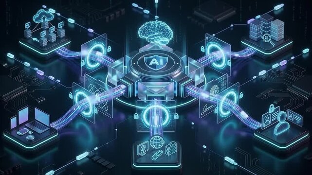 Isometric AI Network Security Hub Protecting Digital Endpoints