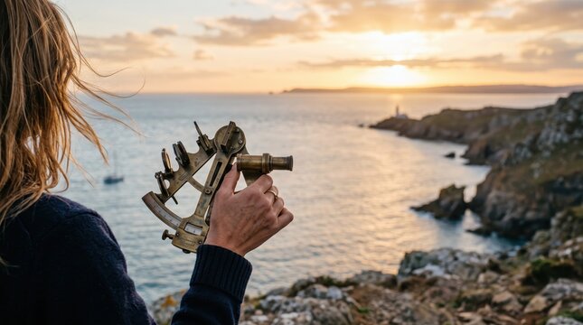 Woman holding vintage brass sextant looking at ocean sunset horizon, navigation, exploration, travel adventure, maritime history, celestial measurement, coastal landscape, golden