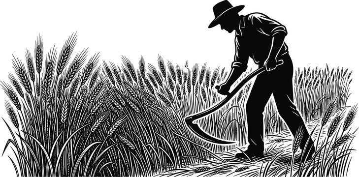 Vintage monochrome vector illustration of a traditional farmer harvesting wheat crop in the field with scythe