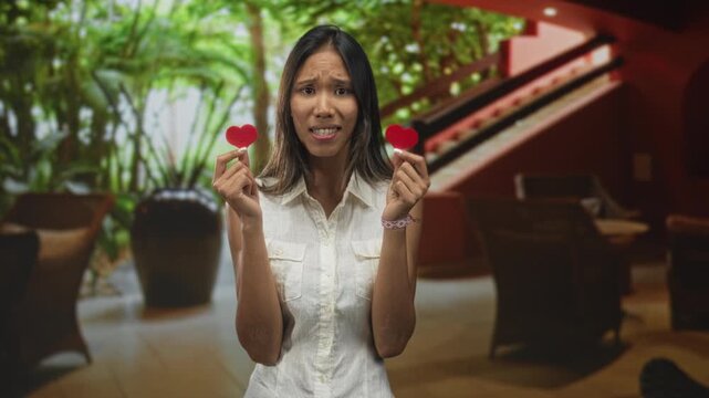 Woman holding two red heart props in each hand inside a lobby building with worried, tense expression and pleading gesture; romantic anxiety.