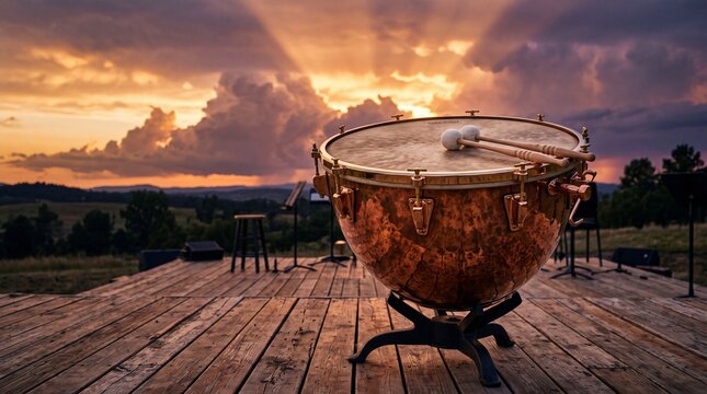 Grand Orchestral Timpani Drum Set at Golden Hour Before Approaching Storm