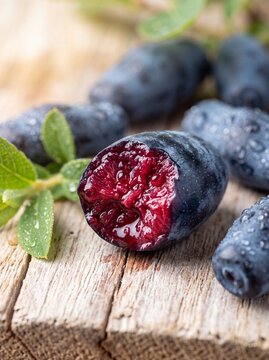 Fresh Starry Blue Honeyberry Cross Section Bursting with Juicy Morning Freshness