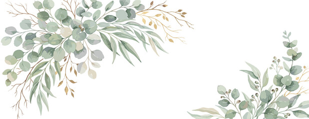 Fototapeta premium Watercolor seamless border - illustration with green gold leaves and branches, for wedding stationary, greetings, wallpapers, fashion, backgrounds, textures, DIY, wrappers, cards.
