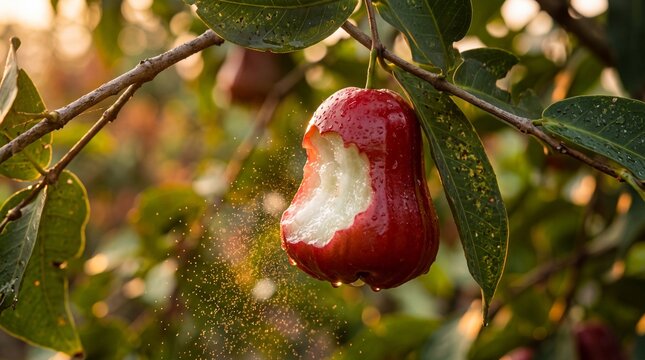Close-Up of a Crisp Bitten Rose Apple in Golden Sunset Light