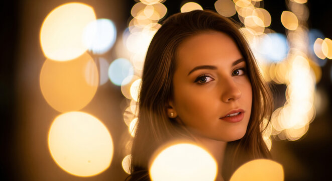 Portrait of a young woman with warm bokeh lights in the background