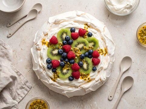 Delicious homemade pavlova kiwi meringue cake topped with whipped cream, fresh raspberries and passion fruit