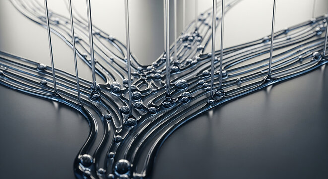 Abstract liquid streams merging together on a dark metallic surface
